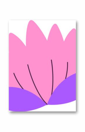 Flat lotus flower is showing five pink petals, purple leaves on transparent background, copy space