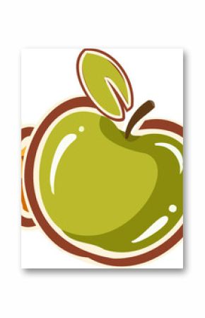 Flat cartoon illustration is featuring green apple, oak leaf, corn ear on transparent background