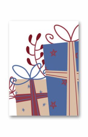 Flat illustration showing gift boxes floating on clear background with ribbon bows and leaf sprigs