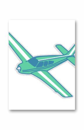 Flat propeller plane is flying on transparent background showing mint panels and striped wings