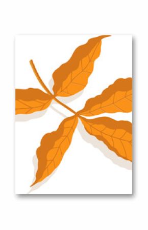 Stylized orange vector leaf is floating over transparent background with five veined leaflets