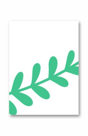 Curving stylized branch is showcasing fourteen mint green oval leaves in flat vector, transparent