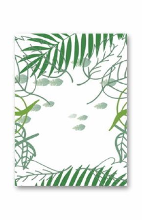 Arranging stylized green leaf illustrations into decorative frame on white canvas, botanical motif
