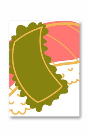 Flat sushi illustration is featuring two salmon nigiri with shiso leaf on transparent backdrop