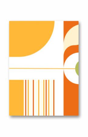 Showing abstract yellow arcs orange cream leaf linking line to green circle stripes on clear bg