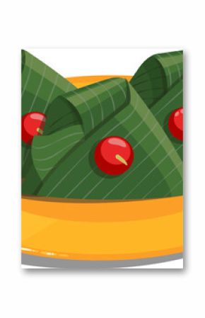 Leaf wraps are showing on yellow plate, flat style featuring red berries on transparent background