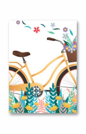 Pastel yellow bicycle showing brown saddle grips, wicker basket of blooms, transparent background