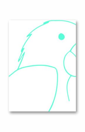 Stylized parrot line drawing is floating on transparent background, highlighting mint-green outline
