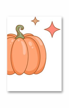 Cartoon showing orange pumpkin with green stem, autumn leaf and pastel sparkles on clear background