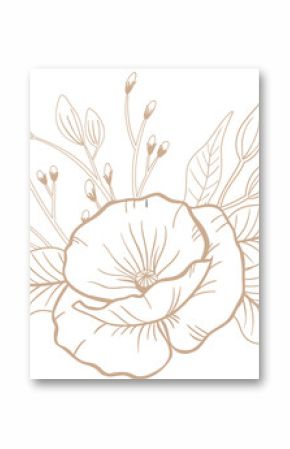 Stylized lineart is showing flower bloom with veined leaves and buds on transparent background