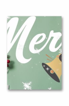 Displaying white cursive Menu text floating on mint canvas with snowflakes red berries golden bells