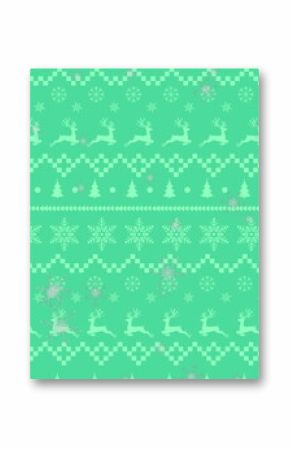 Showing holiday pattern on mint green field with reindeer, snowflakes, trees, baubles, and zigzags