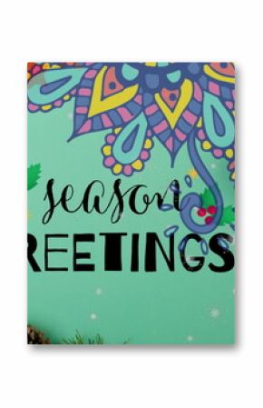 Displaying Season's Greetings lettering on mint-green background, with holly icon and pine cones
