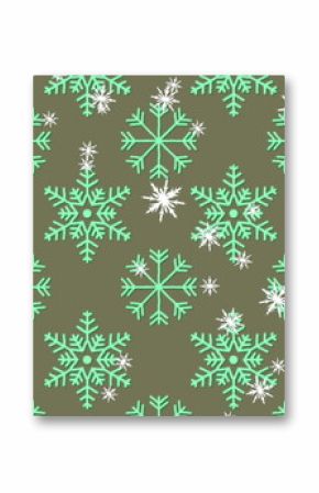 Displaying repeating mint green snowflake motifs and smaller white snowflakes on olive green fabric