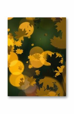 Multiple maple leaf silhouettes are floating over golden-yellow bokeh circles in flat design