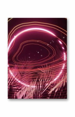Radiating pink neon ring casting light trails in digital space, with palm leaf silhouettes