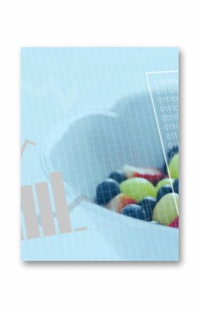 Presenting white bowl with berries grapes and mint on mockup surface, digital overlays, copy space