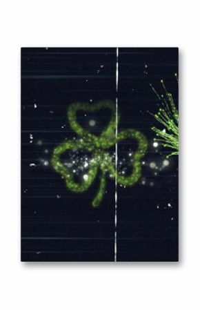 Glowing neon-green four-leaf clover shining in glitch sky with scanlines, firework burst, sparks
