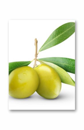 Isolated olives. Two green olive fruits with leaves isolated on white background