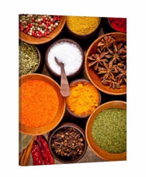  Various kind of spices in wooden bowls