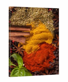 Closeup of spices composition, anise, cinnamon, paprica, curry,