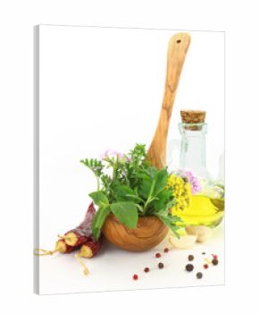Fresh herbs and spices in wooden spoon
