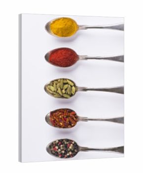 Ingredients spices in spoons isolated on white background