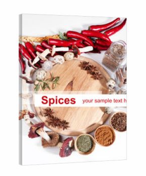 Different spices and cutting board, isolated on white