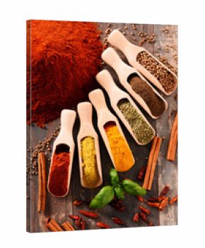 Variety of spices on kitchen table
