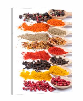 collection of spices on spoons, isolated background
