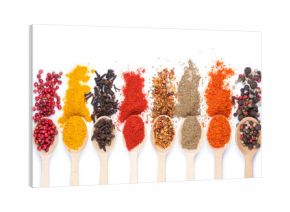 collection of spices on spoons, isolated background