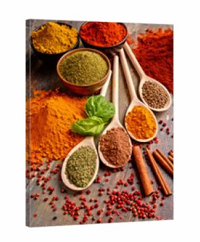 Variety of spices on kitchen table
