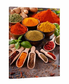 Variety of spices on kitchen table