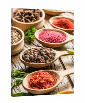 Assortment of colorful spices in the wooden spoons.