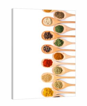 Various spices in wooden spoons.