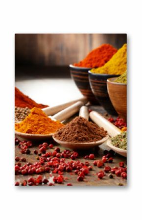 Variety of spices on kitchen table