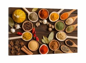 Set of Indian spices on wooden table - Top view