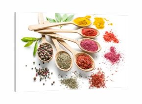 Assortment of colorful spices in the wooden spoons on the white background.
