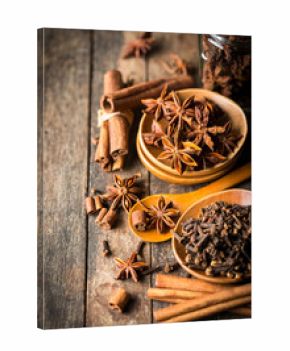 Aromatic spices on the wooden table