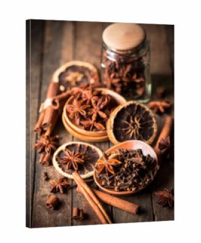 Aromatic spices on the wooden table