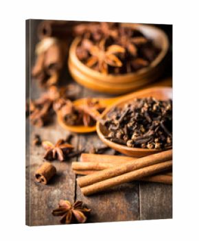 Aromatic spices on the wooden table