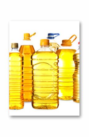 Different bottles with cooking oil on white background