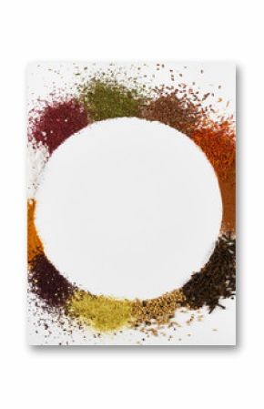 Circle frame composition of spices and herbs isolated on white