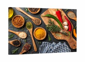 Cooking table with spices and herbs