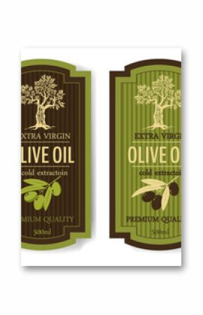 Set of labels for olive oils with olive tree, olive branch, isolated, vector