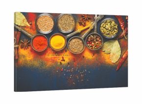 Wooden table of colorful spices