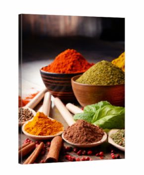 Variety of spices on kitchen table