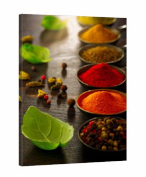 Wooden table of colorful spices