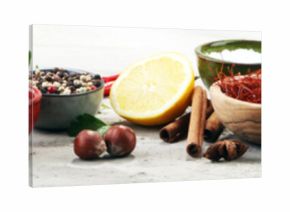 Spices and herbs on table. Food and cuisine ingredients.