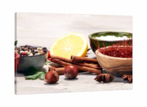 Spices and herbs on table. Food and cuisine ingredients.